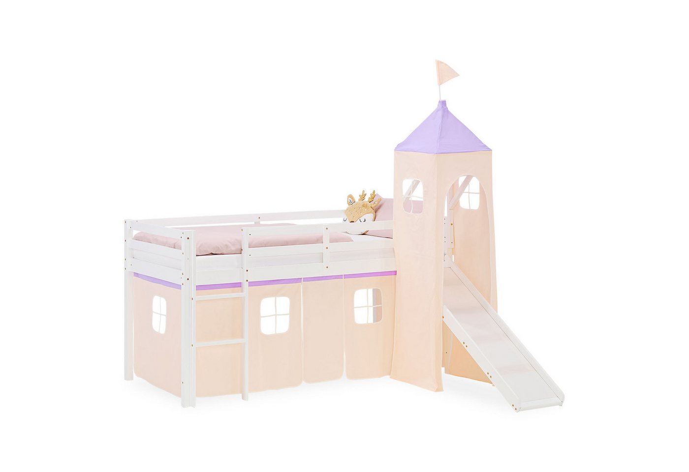 Homestyle4u Hochbett 90x200 Stockbett Kinderbett Holz Kiefer Weiß Lila Beige Kinder Vorhang (mit Rutsche und Turm) mit Rausfallschutz von Homestyle4u