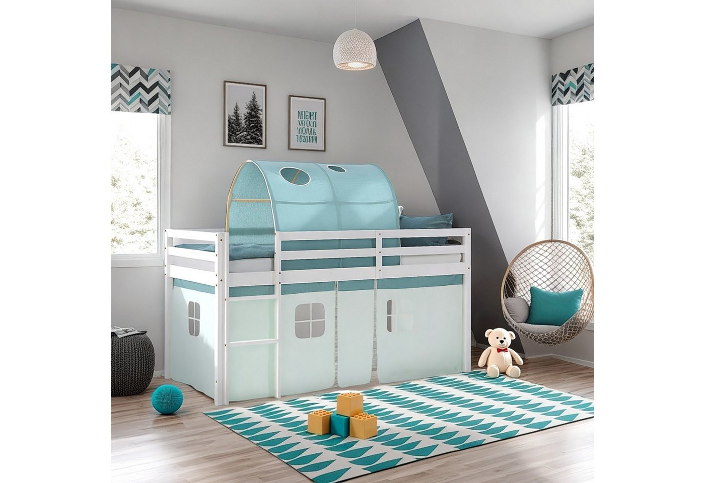 Homestyle4u Hochbett 90x200 Stockbett Vorhang Kinderbett Holz Kiefer Weiß Grün Mint Kinder (Set, Mit Lattenrost, Matratze und Tunnel) mit Rausfallschutz, Junge von Homestyle4u