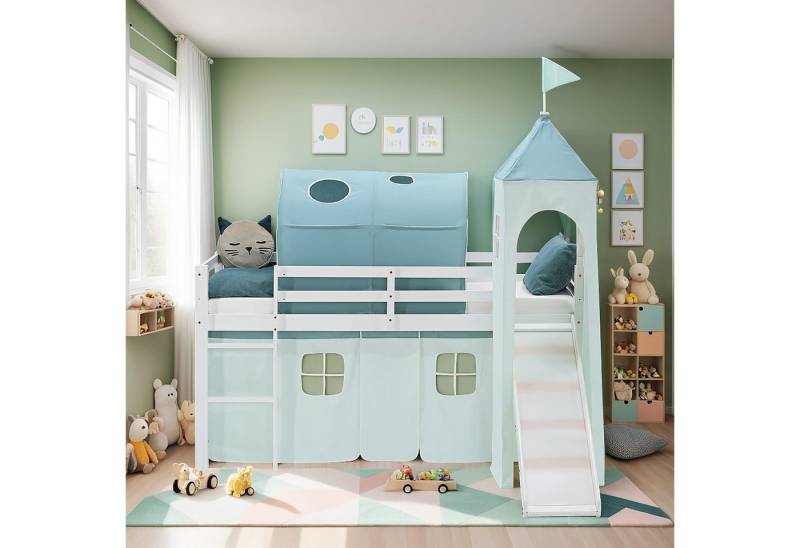 Homestyle4u Hochbett 90x200 Stockbett Vorhang Kinderbett Holz Kiefer Weiß Grün Mint Kinder (Komplett-Set mit Lattenrost, mit Rutsche, mit Tunnel, mit Turm, Matratze mit OEKO-TEX® Standard 100) mit Rausfallschutz, Junge Spielbett von Homestyle4u