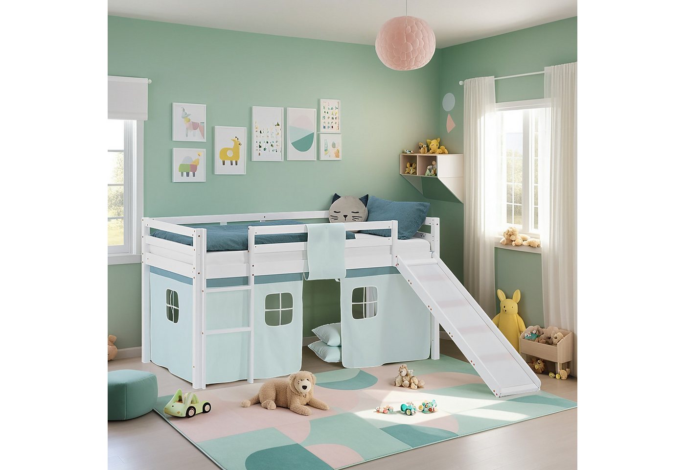 Homestyle4u Hochbett 90x200 Stockbett Vorhang Kinderbett Holz Kiefer Weiß Grün Mint Kinder (Set, mit Rutsche, Spielbett) mit Rausfallschutz, Junge von Homestyle4u