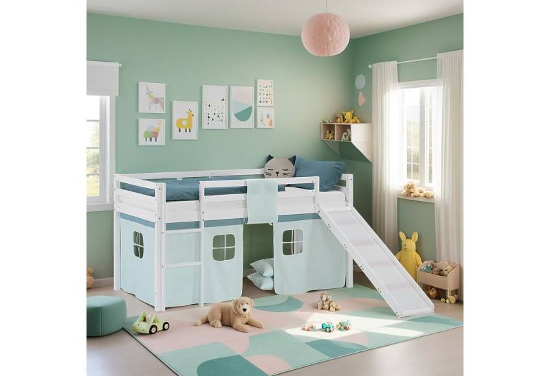 Homestyle4u Hochbett 90x200 Stockbett Vorhang Kinderbett Holz Kiefer Weiß Grün Mint Kinder (Set, mit Rutsche, Spielbett) mit Rausfallschutz, Junge von Homestyle4u