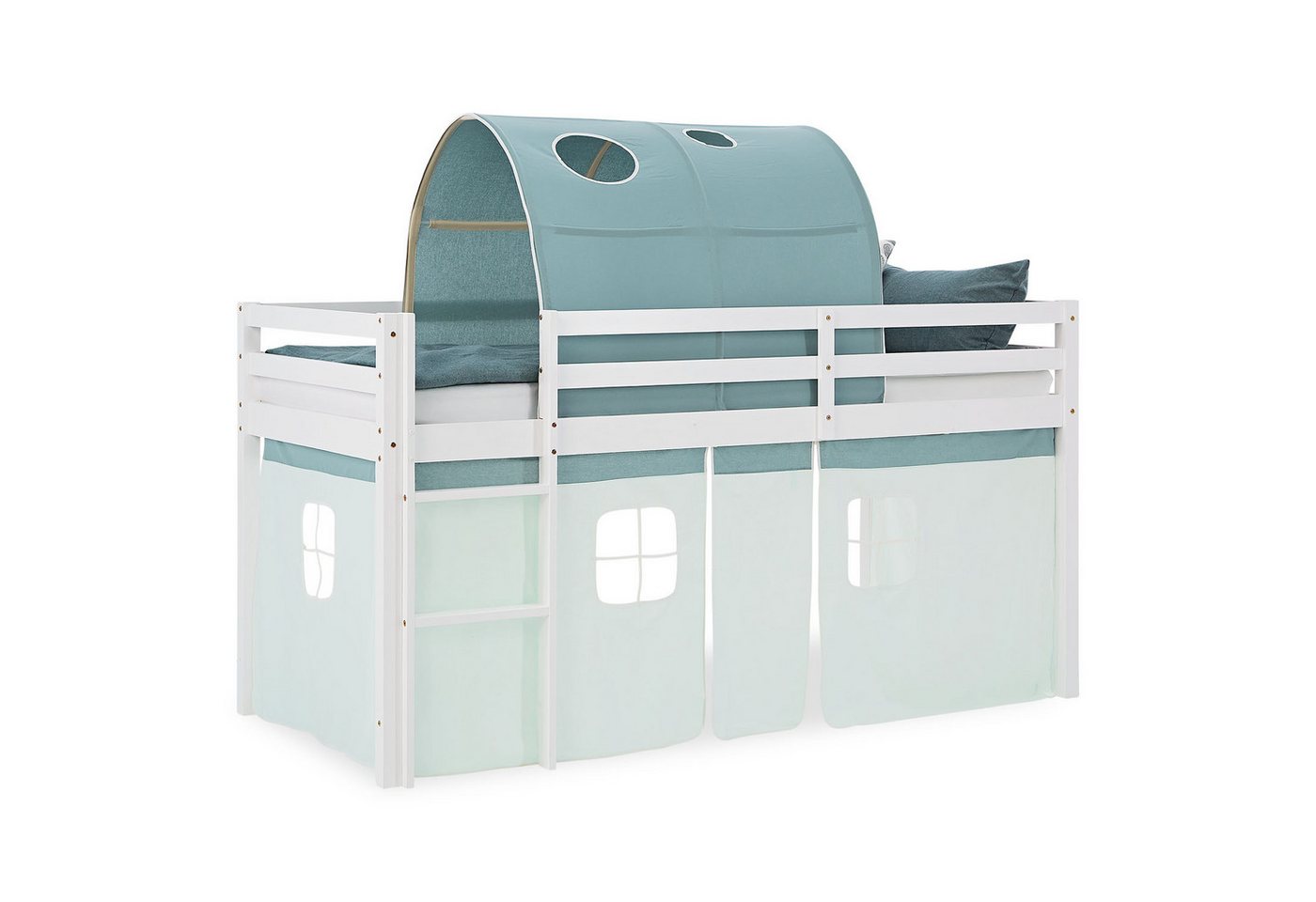 Homestyle4u Hochbett 90x200 Stockbett Vorhang Kinderbett Holz Kiefer Weiß Grün Mint Kinder (Set, mit Tunnel, Jungen, Set, mit Tunnel) mit Rausfallschutz, Junge von Homestyle4u