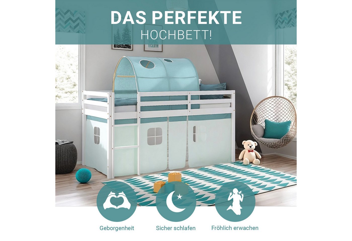 Homestyle4u Hochbett 90x200 Stockbett Vorhang Kinderbett Holz Kiefer Weiß Grün Mint Kinder (Set, mit Tunnel) mit Rausfallschutz von Homestyle4u
