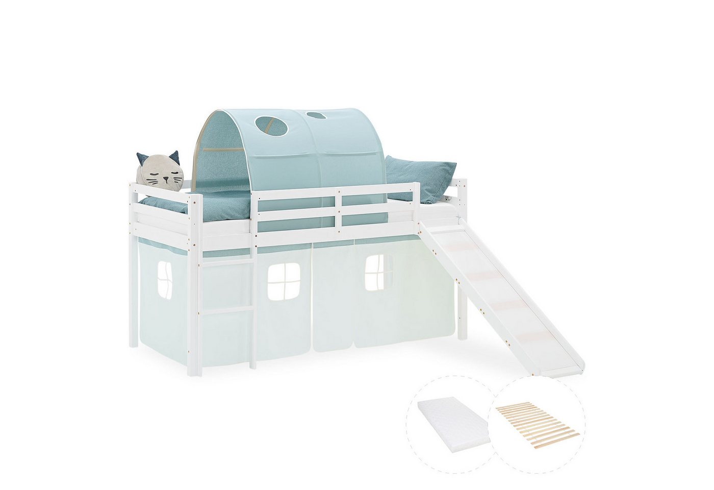 Homestyle4u Hochbett 90x200 Stockbett Vorhang Kinderbett Holz Kiefer Weiß Grün Mint Kinder (mit Lattenrost, mit Matratze, Rutsche und Tunnel) mit Rausfallschutz, Junge von Homestyle4u