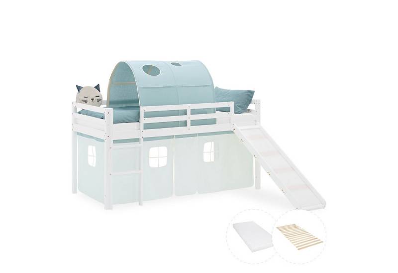 Homestyle4u Hochbett 90x200 Stockbett Vorhang Kinderbett Holz Kiefer Weiß Grün Mint Kinder (mit Lattenrost, mit Matratze, Rutsche und Tunnel) mit Rausfallschutz, Junge von Homestyle4u
