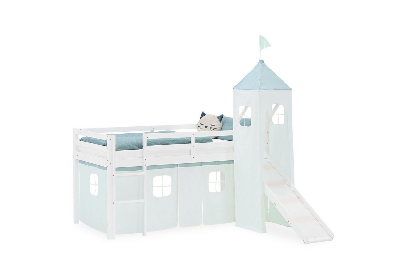 Homestyle4u Hochbett 90x200 Stockbett Vorhang Kinderbett Holz Kiefer Weiß Grün Mint Kinder (mit Rutsche und Turm) mit Rausfallschutz, Junge von Homestyle4u