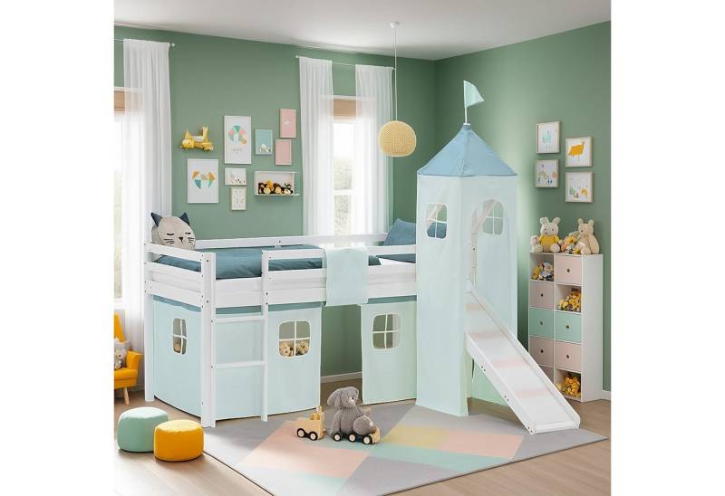 Homestyle4u Hochbett 90x200 Stockbett Vorhang Kinderbett Holz Kiefer Weiß Grün Mint Kinder (mit Rutsche und Turm, Jungen) mit Rausfallschutz, Junge von Homestyle4u