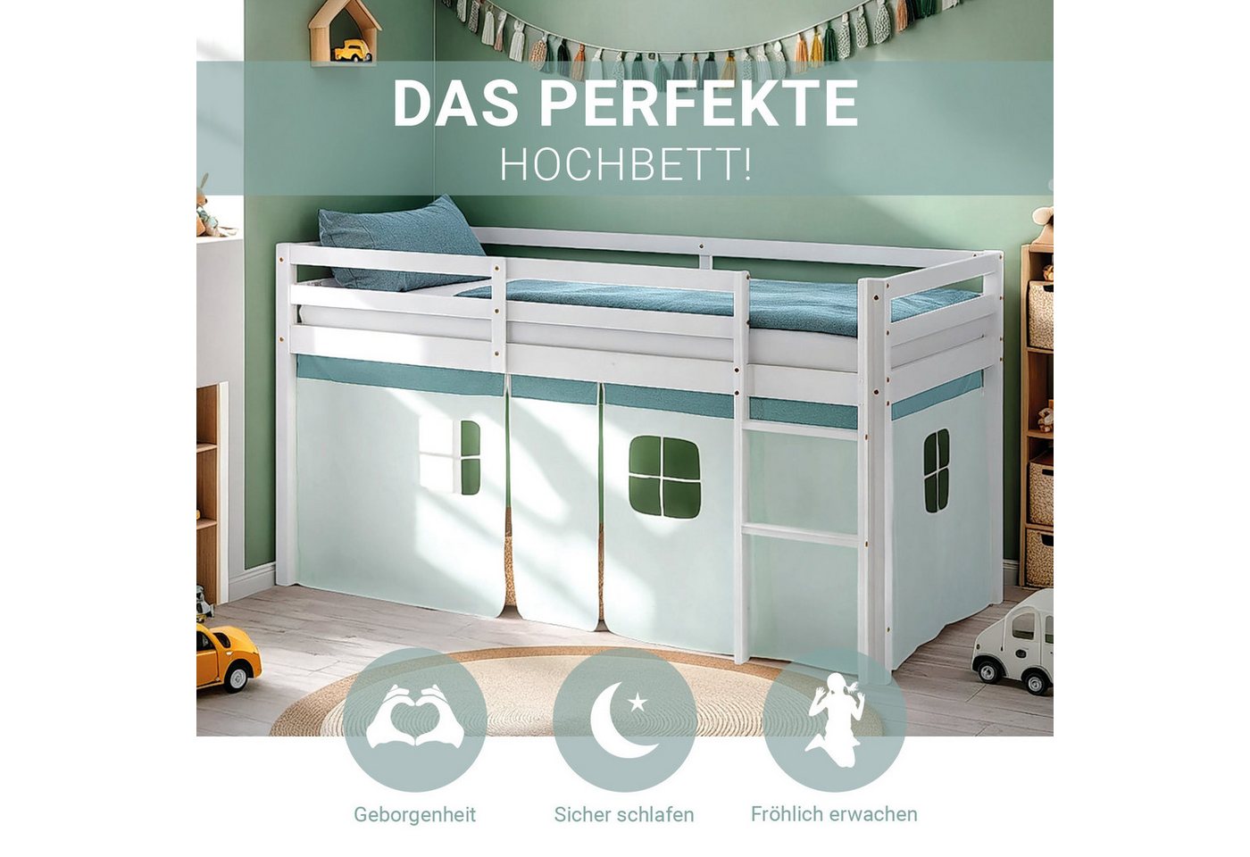 Homestyle4u Hochbett 90x200 Stockbett Vorhang Kinderbett Holz Kiefer Weiß Grün Mint Kinder mit Rausfallschutz von Homestyle4u