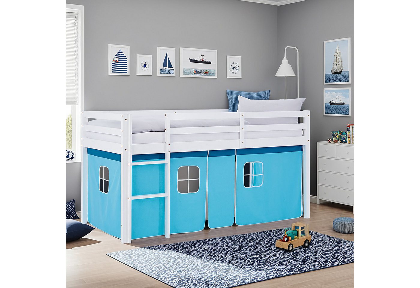 Homestyle4u Hochbett 90x200 Vorhang Kinderbett Holz Weiß Blau Kinder Leiter Treppe Kiefer (Set, Mit Lattenrost und Matratze) mit Rausfallschutz, Blau, Junge von Homestyle4u