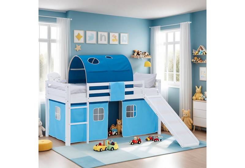 Homestyle4u Hochbett 90x200 Vorhang Kinderbett Holz Weiß Blau Kinder Leiter Treppe Kiefer (Set, mit Lattenrost, Rutsche und Tunnel) mit Rausfallschutz, Junge Spielbett von Homestyle4u