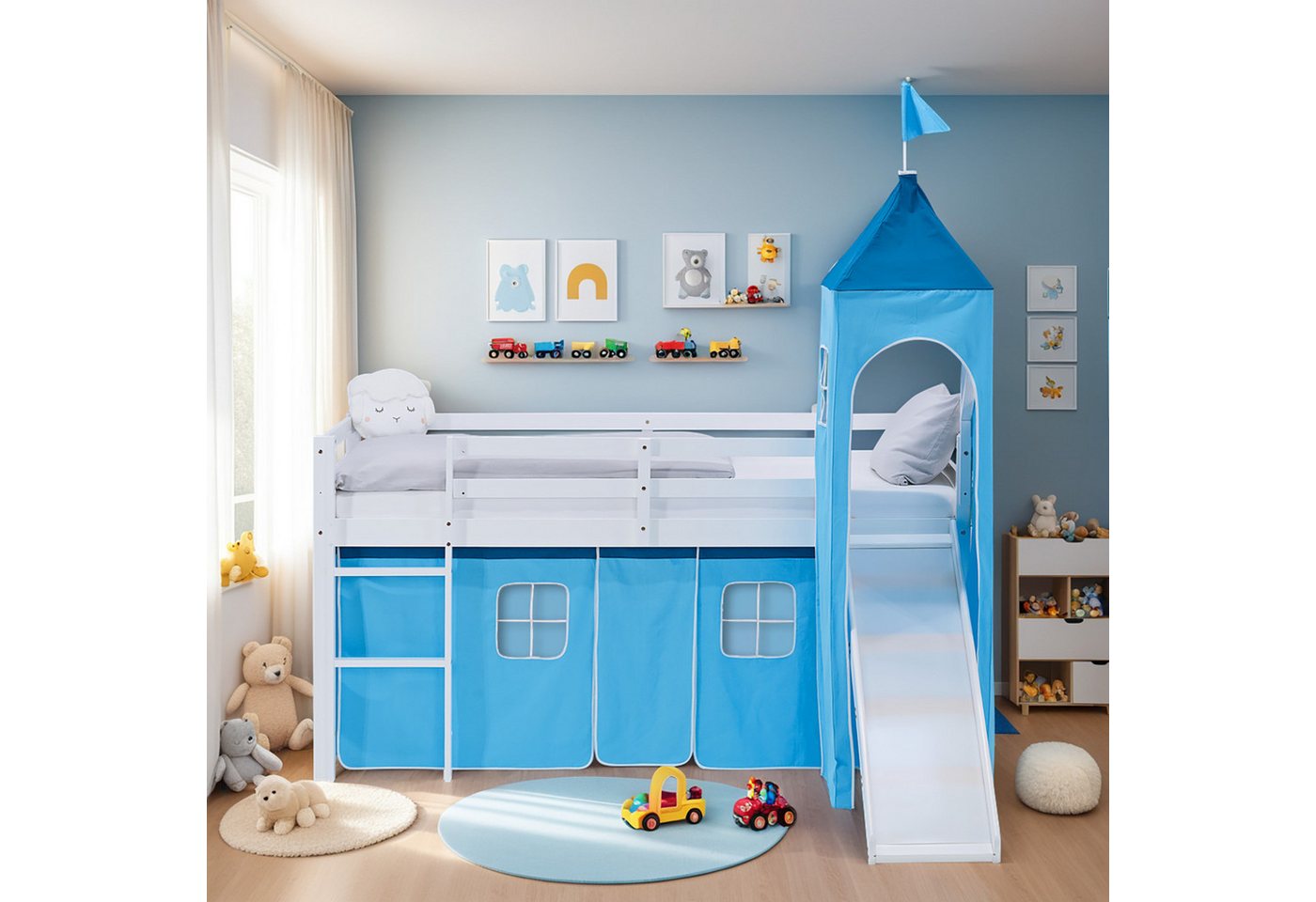 Homestyle4u Hochbett 90x200 Vorhang Kinderbett Holz Weiß Blau Kinder Leiter Treppe Kiefer (Komplett-Set mit Lattenrost, mit Rutsche, mit Turm, Matratze mit OEKO-TEX® Standard 100) mit Rausfallschutz, Junge Spielbett von Homestyle4u