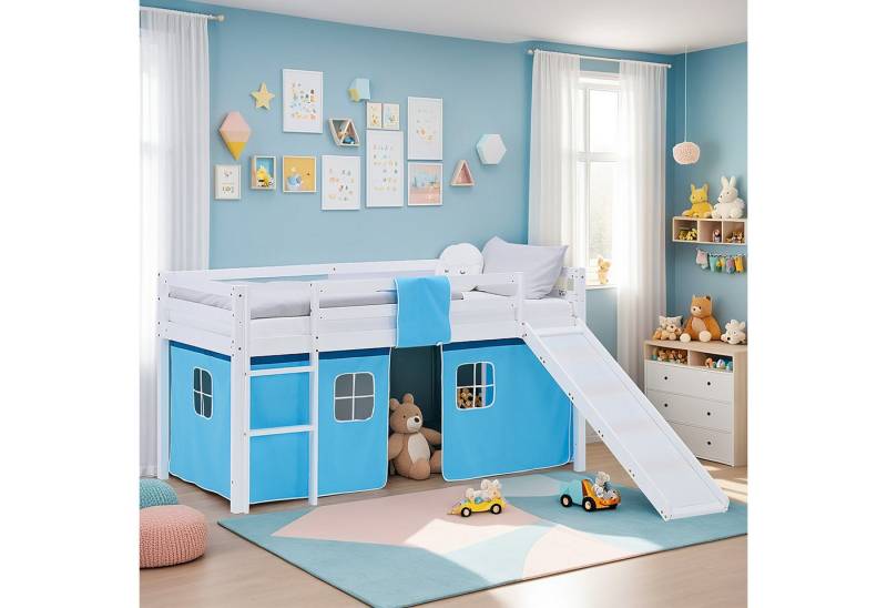 Homestyle4u Hochbett 90x200 Vorhang Kinderbett Holz Weiß Blau Kinder Leiter Treppe Kiefer (Set, mit Lattenrost und Rutsche, Spielbett) mit Rausfallschutz, Junge von Homestyle4u