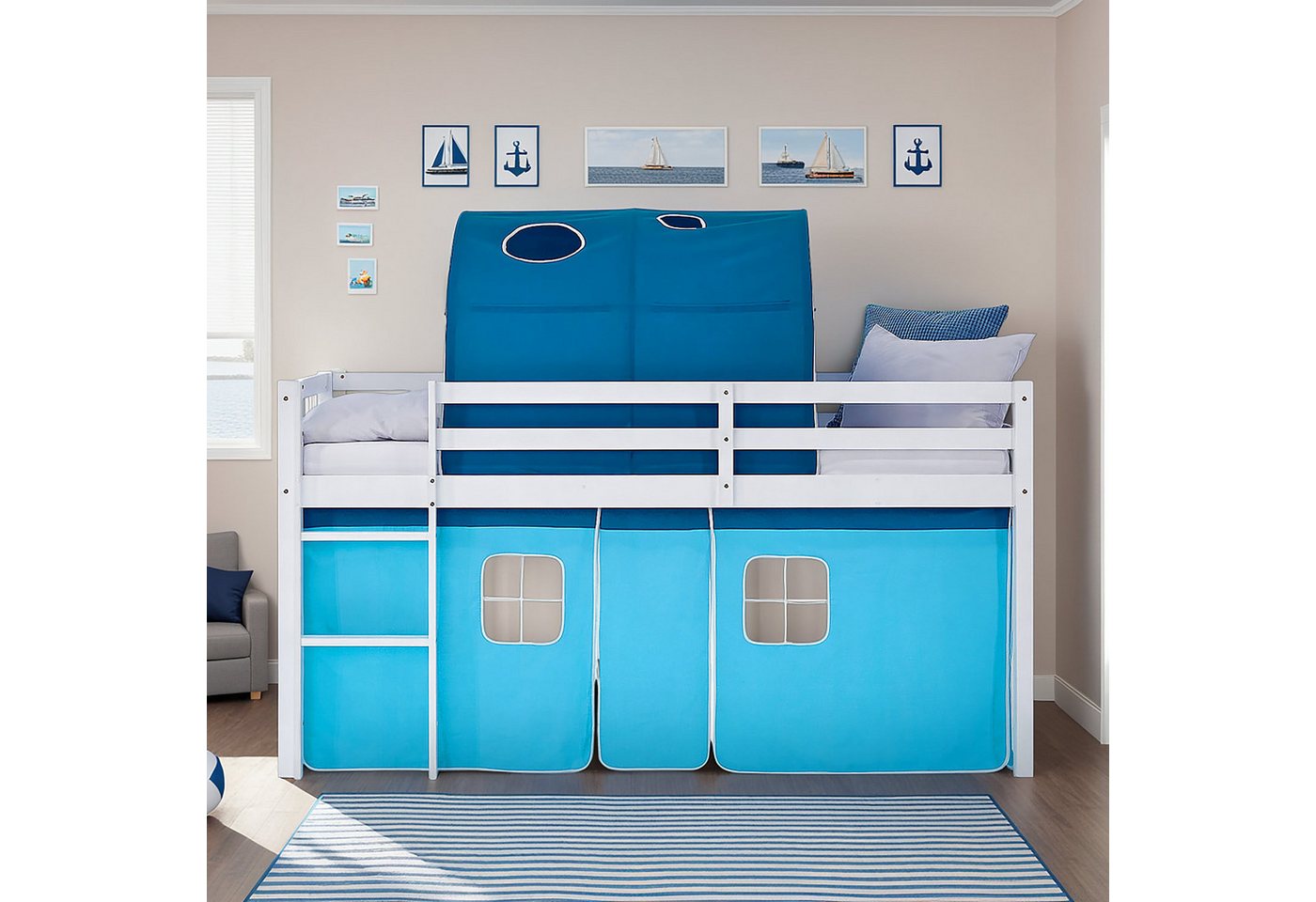 Homestyle4u Hochbett 90x200 Vorhang Kinderbett Holz Weiß Blau Kinder Leiter Treppe Kiefer (Set, mit Lattenrost und Tunnel) mit Rausfallschutz, Blau, Junge von Homestyle4u