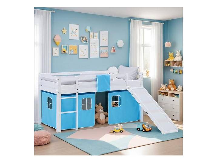 Homestyle4u Hochbett 90x200 Vorhang Kinderbett Holz Weiß Blau Kinder Leiter Treppe Kiefer (Set, mit Rutsche, Spielbett) mit Rausfallschutz, Junge, weiß, mit Rutsche, ohne Lattenrost von Homestyle4u