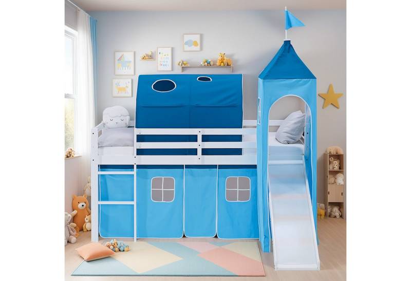 Homestyle4u Hochbett 90x200 Vorhang Kinderbett Holz Weiß Blau Kinder Leiter Treppe Kiefer (Set, mit Rutsche, Tunnel und Turm, Spielbett) mit Rausfallschutz, Junge von Homestyle4u