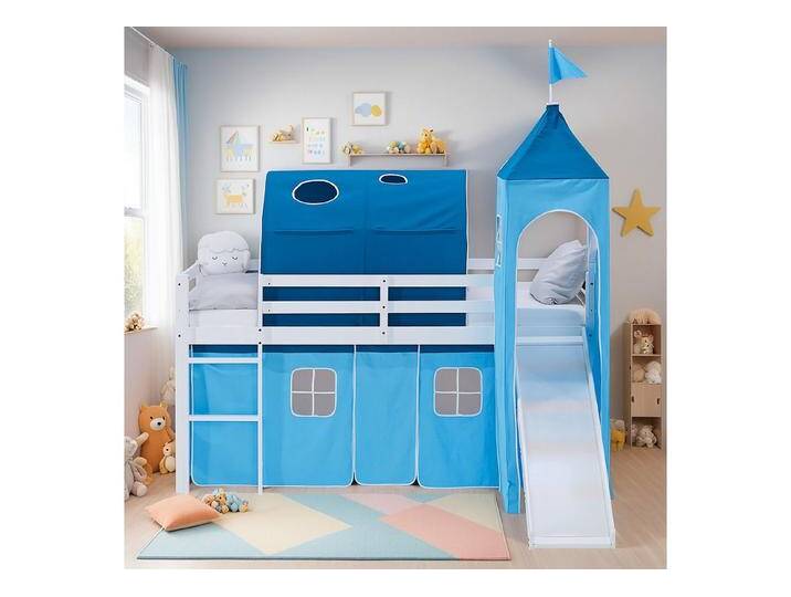 Homestyle4u Hochbett 90x200 Vorhang Kinderbett Holz Weiß Blau Kinder Leiter Treppe Kiefer (Set, mit Rutsche, Tunnel und Turm, Spielbett) mit Rausfallschutz, Junge, weiß, mit Rutsche, ohne Lattenrost von Homestyle4u