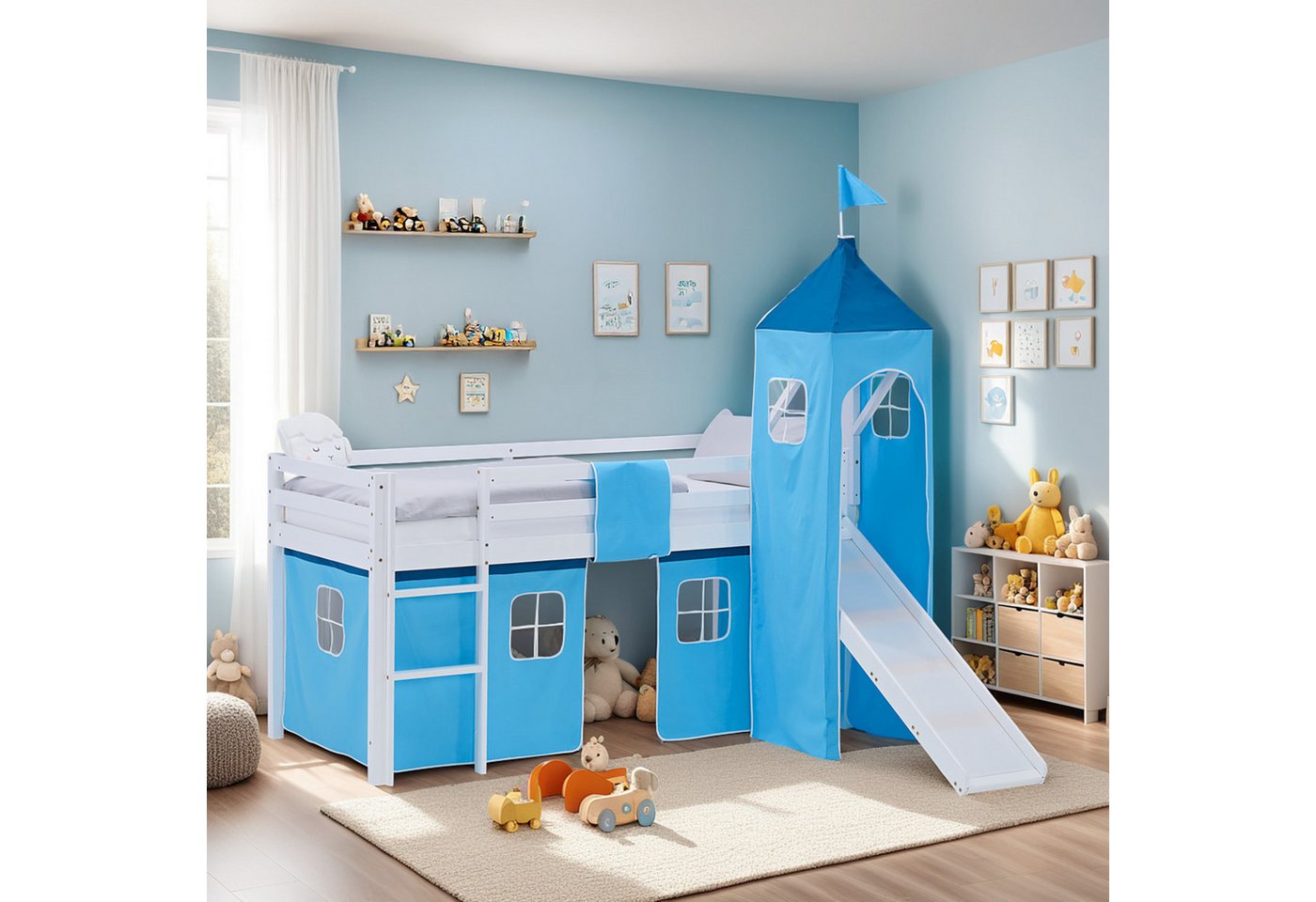 Homestyle4u Hochbett 90x200 Vorhang Kinderbett Holz Weiß Blau Kinder Leiter Treppe Kiefer (Set, mit Rutsche und Turm, Spielbett) mit Rausfallschutz, Junge von Homestyle4u