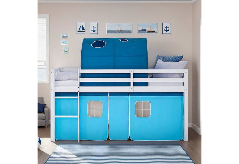 Homestyle4u Hochbett 90x200 Vorhang Kinderbett Holz Weiß Blau Kinder Leiter Treppe Kiefer (Set, mit Tunnel) mit Rausfallschutz, Blau, Junge von Homestyle4u