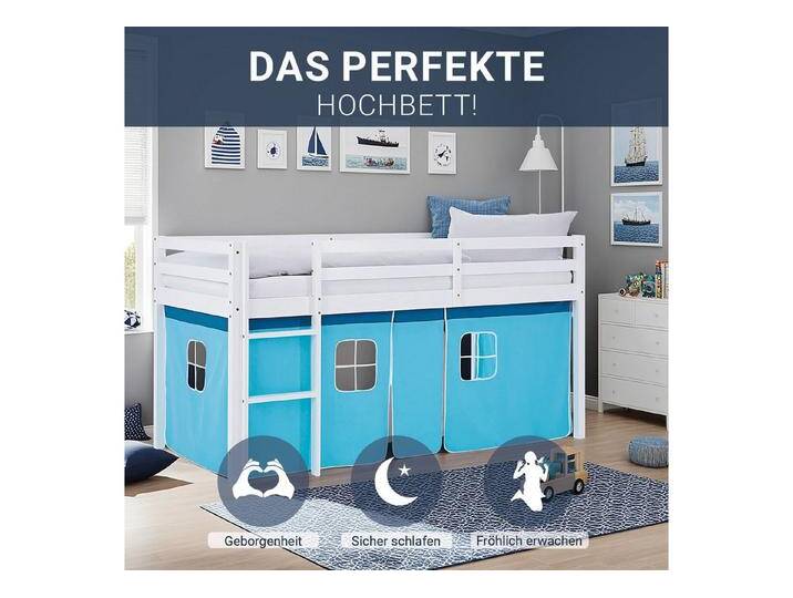 Homestyle4u Hochbett 90x200 Vorhang Kinderbett Holz Weiß Blau Kinder Leiter Treppe Kiefer (Set mit Lattenrost) mit Rausfallschutz, weiß von Homestyle4u