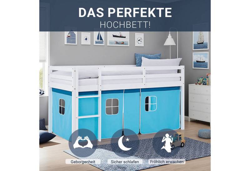 Homestyle4u Hochbett 90x200 Vorhang Kinderbett Holz Weiß Blau Kinder Leiter Treppe Kiefer (Set mit Lattenrost) mit Rausfallschutz von Homestyle4u