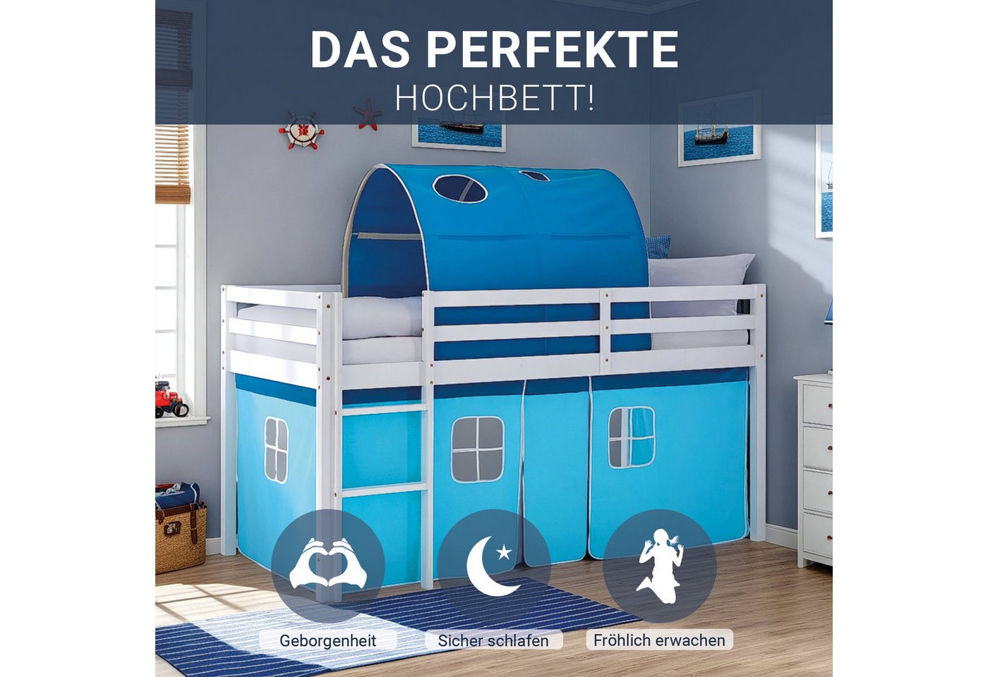 Homestyle4u Hochbett 90x200 Vorhang Kinderbett Holz Weiß Blau Kinder Leiter Treppe Kiefer (Set mit Lattenrost, Matratze und Tunnel) mit Rausfallschutz von Homestyle4u