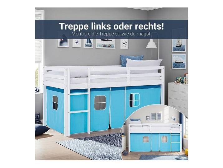 Homestyle4u Hochbett 90x200 Vorhang Kinderbett Holz Weiß Blau Kinder Leiter Treppe Kiefer (Set mit Lattenrost und Matratze) mit Rausfallschutz, weiß von Homestyle4u