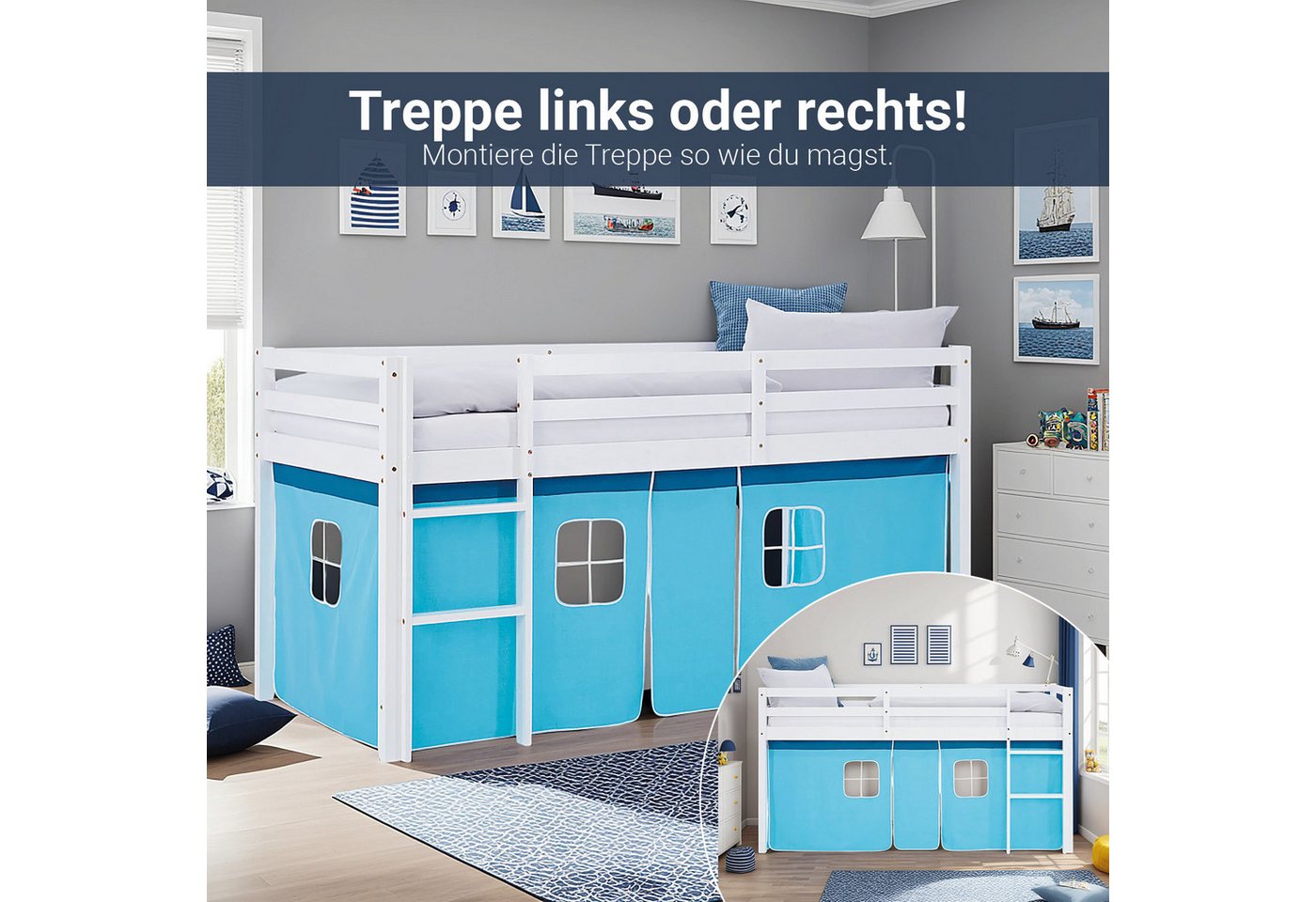 Homestyle4u Hochbett 90x200 Vorhang Kinderbett Holz Weiß Blau Kinder Leiter Treppe Kiefer (Set mit Lattenrost und Matratze) mit Rausfallschutz von Homestyle4u