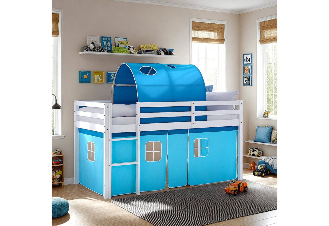 Homestyle4u Hochbett 90x200 Vorhang Kinderbett Holz Weiß Blau Kinder Leiter Treppe Kiefer (Set mit Tunnel, Jungen) mit Rausfallschutz, Blau, Junge von Homestyle4u