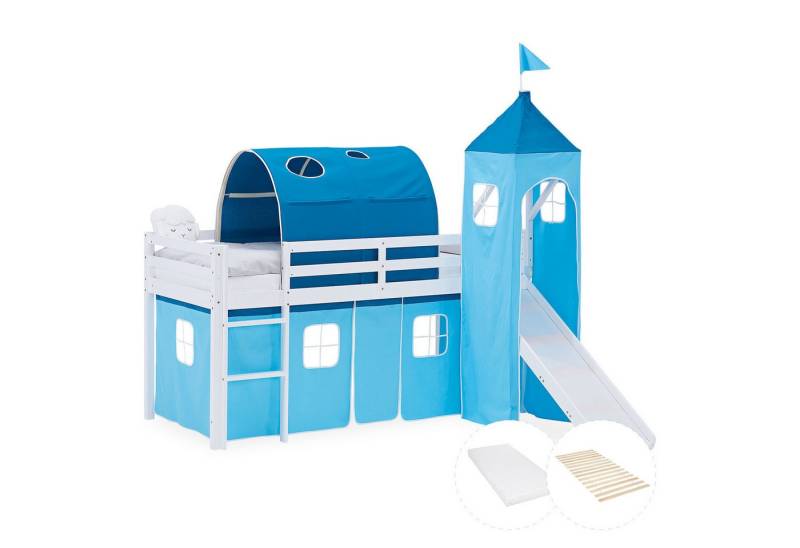 Homestyle4u Hochbett 90x200 Vorhang Kinderbett Holz Weiß Blau Kinder Leiter Treppe Kiefer (mit Lattenrost, mit Matratze, Rutsche, Tunnel und Turm) mit Rausfallschutz, Junge von Homestyle4u