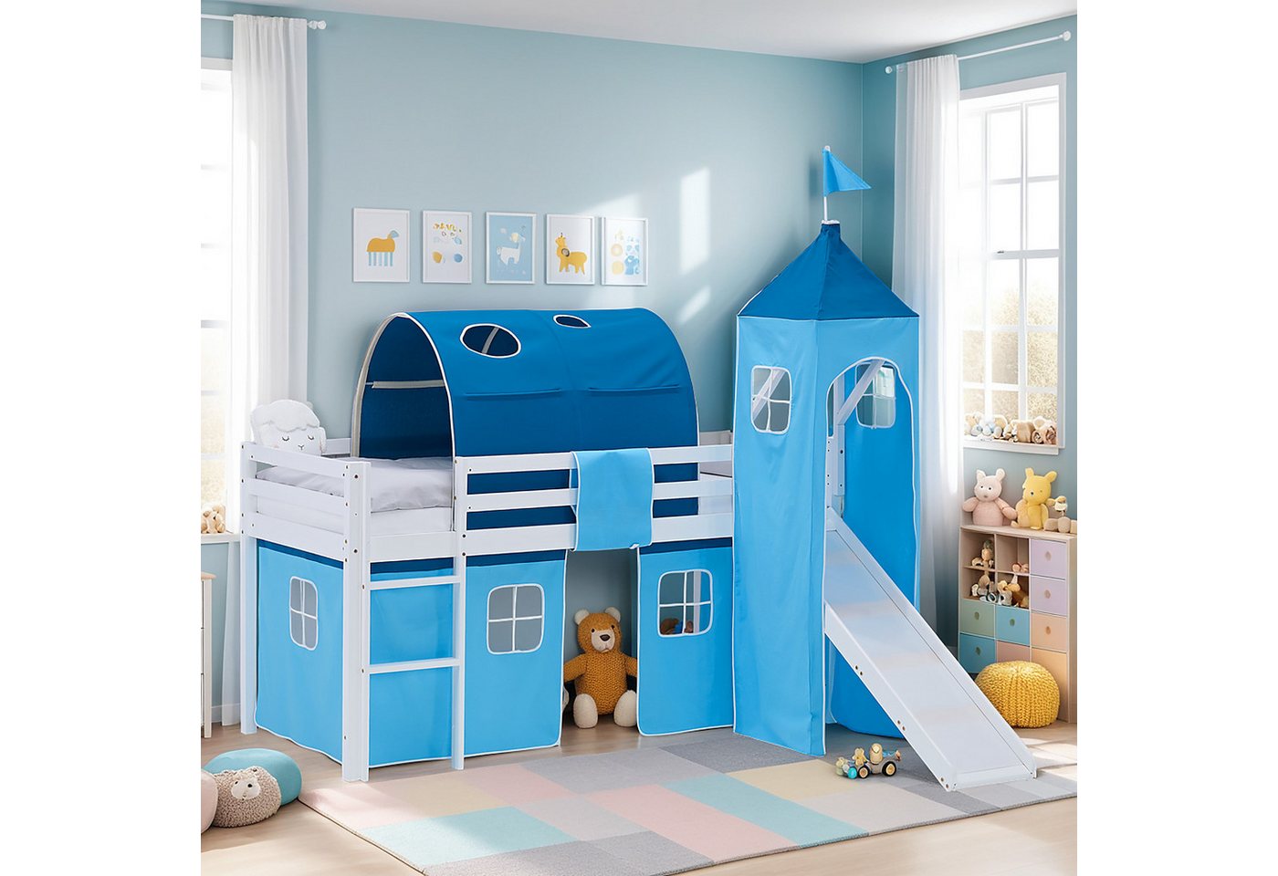 Homestyle4u Hochbett 90x200 Vorhang Kinderbett Holz Weiß Blau Kinder Leiter Treppe Kiefer (mit Lattenrost, mit Matratze, Rutsche, Tunnel und Turm, Jungen) mit Rausfallschutz, Junge von Homestyle4u