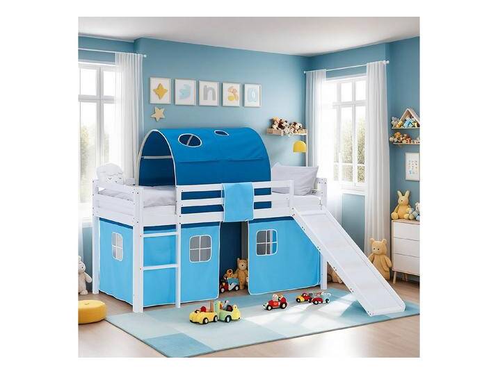 Homestyle4u Hochbett 90x200 Vorhang Kinderbett Holz Weiß Blau Kinder Leiter Treppe Kiefer (Set, mit Lattenrost, mit Matratze, Rutsche und Tunnel) mit Rausfallschutz, Junge, weiß, mit Rutsche von Homestyle4u