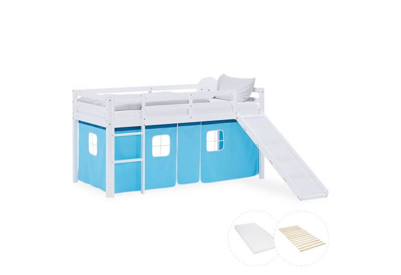 Homestyle4u Hochbett 90x200 Vorhang Kinderbett Holz Weiß Blau Kinder Leiter Treppe Kiefer (mit Lattenrost, mit Matratze und Rutsche) mit Rausfallschutz, Junge von Homestyle4u
