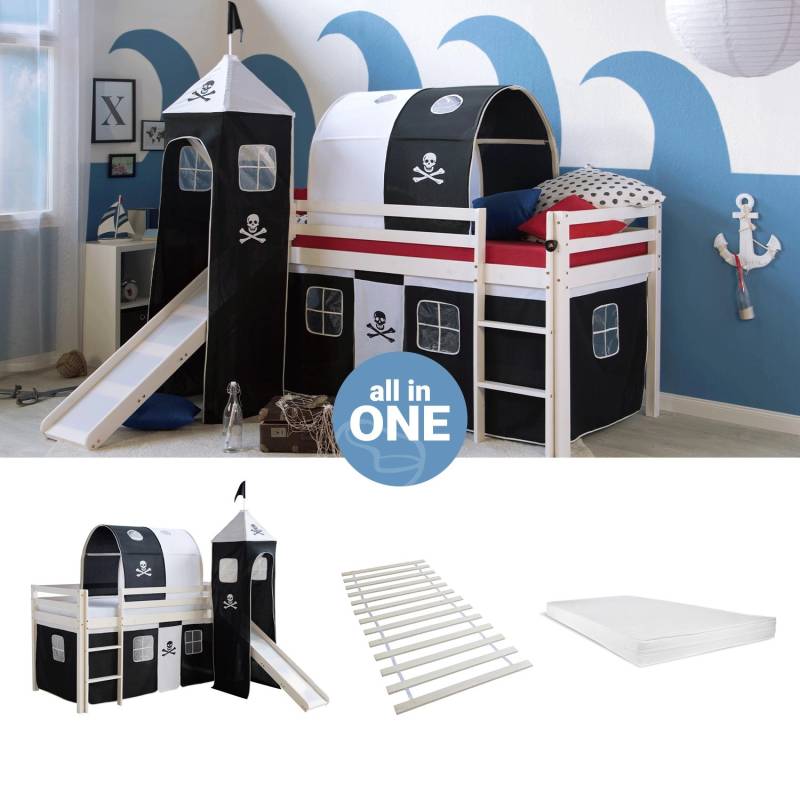 Homestyle4u Hochbett 90x200 Vorhang Lattenrost Matratze Rutsche Tunnel Turm Weiß Pirat 2549 von Homestyle4u