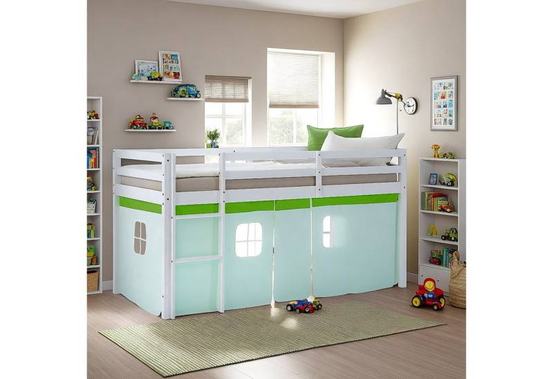 Homestyle4u Hochbett 90x200 Vorhang Stockbett Kinderbett Holz Kiefer Weiß Grün Kinder (Komplett-Set mit Lattenrost, Matratze mit OEKO-TEX® Standard 100) mit Rausfallschutz, Jungen von Homestyle4u