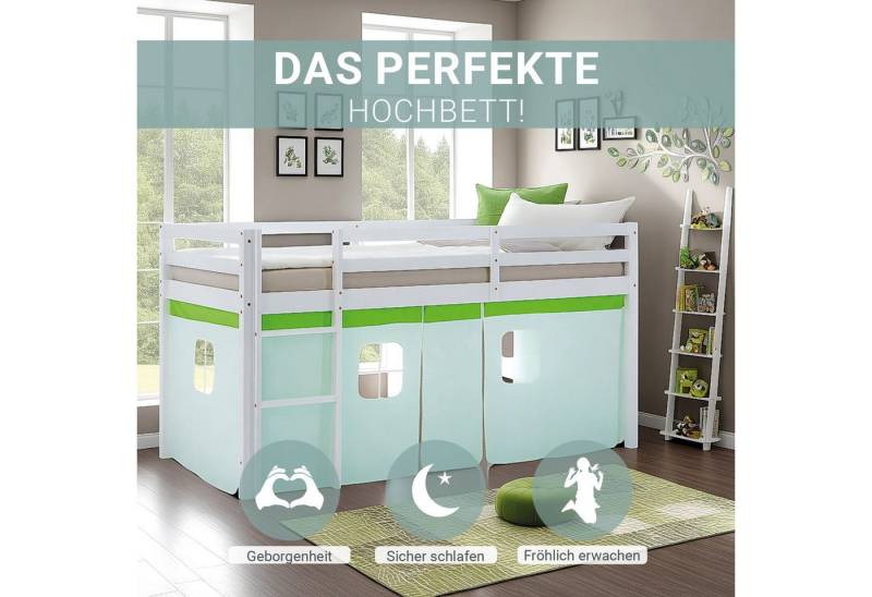 Homestyle4u Hochbett 90x200 Vorhang Stockbett Kinderbett Holz Kiefer Weiß Grün Kinder (Set, mit Lattenrost) mit Rausfallschutz von Homestyle4u