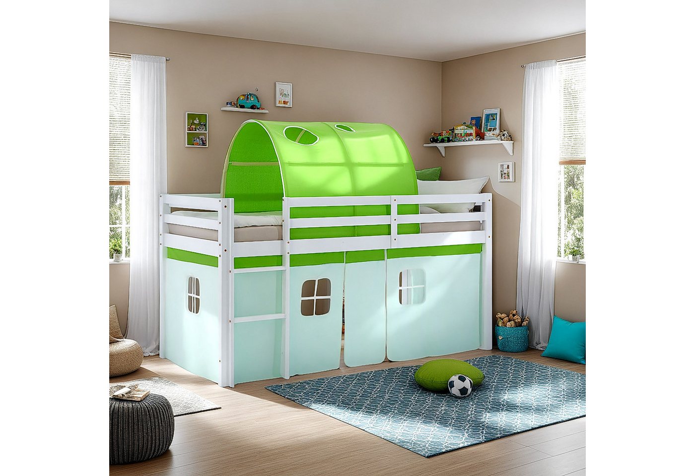 Homestyle4u Hochbett 90x200 Vorhang Stockbett Kinderbett Holz Kiefer Weiß Grün Kinder (Set, mit Lattenrost, Matratze und Tunnel) mit Rausfallschutz, Jungen von Homestyle4u