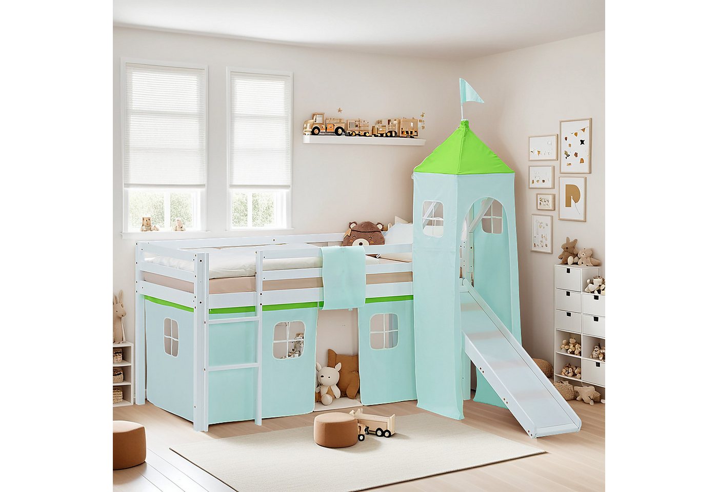 Homestyle4u Hochbett 90x200 Vorhang Stockbett Kinderbett Holz Kiefer Weiß Grün Kinder (Komplett-Set mit Lattenrost, mit Rutsche, mit Turm, Matratze mit OEKO-TEX® Standard 100) mit Rausfallschutz, Jungen Spielbett von Homestyle4u