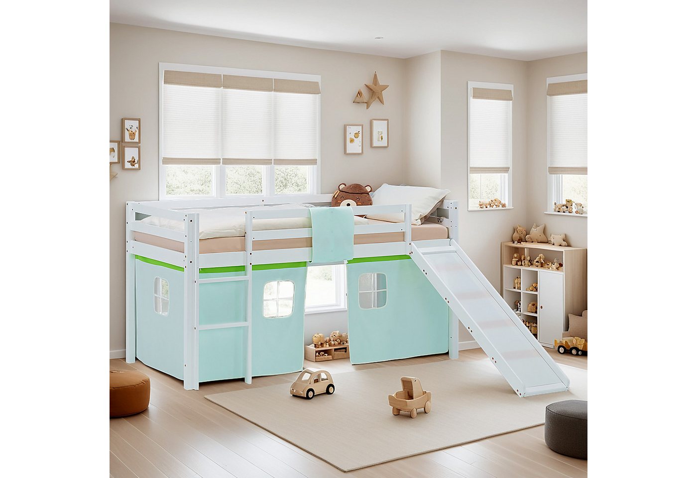 Homestyle4u Hochbett 90x200 Vorhang Stockbett Kinderbett Holz Kiefer Weiß Grün Kinder (Komplett-Set mit Lattenrost, mit Rutsche, mit Matratze mit OEKO-TEX® Standard 100) mit Rausfallschutz, Jungen Spielbett von Homestyle4u