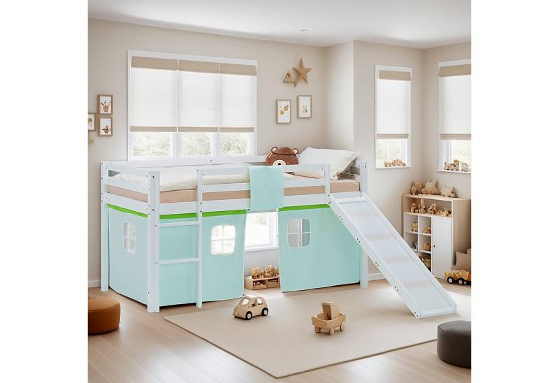 Homestyle4u Hochbett 90x200 Vorhang Stockbett Kinderbett Holz Kiefer Weiß Grün Kinder (Komplett-Set mit Lattenrost, mit Rutsche, mit Matratze mit OEKO-TEX® Standard 100) mit Rausfallschutz, Jungen Spielbett von Homestyle4u