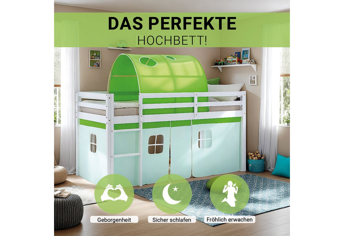 Homestyle4u Hochbett 90x200 Vorhang Stockbett Kinderbett Holz Kiefer Weiß Grün Kinder (Set, mit Lattenrost und Tunnel) mit Rausfallschutz von Homestyle4u