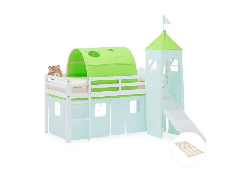 Homestyle4u Hochbett 90x200 Vorhang Stockbett Kinderbett Holz Kiefer Weiß Grün Kinder (mit Lattenrost, Rutsche, Tunnel und Turm) mit Rausfallschutz von Homestyle4u