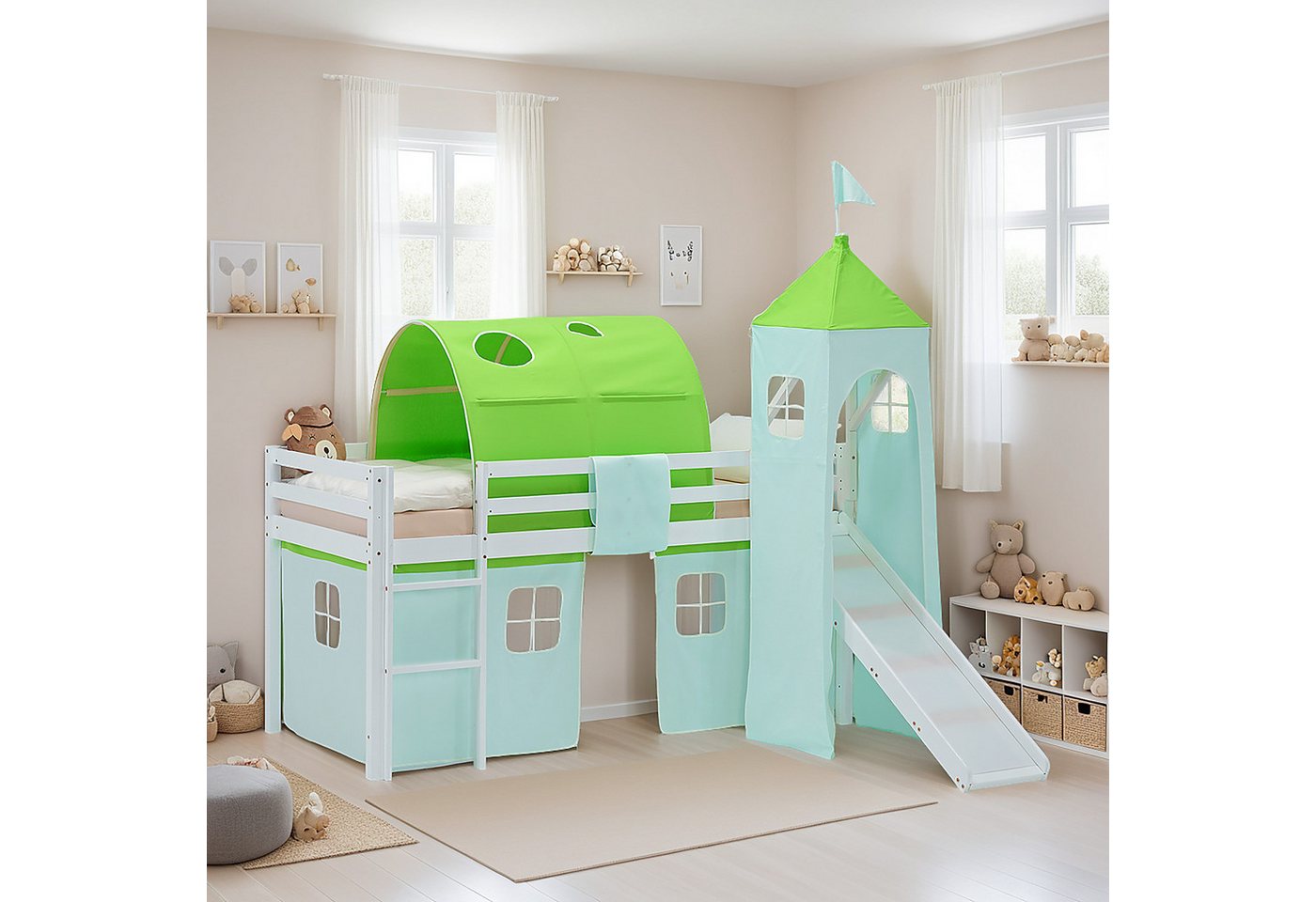 Homestyle4u Hochbett 90x200 Vorhang Stockbett Kinderbett Holz Kiefer Weiß Grün Kinder (mit Rutsche, Tunnel und Turm, Spielbett) mit Rausfallschutz, Jungen von Homestyle4u