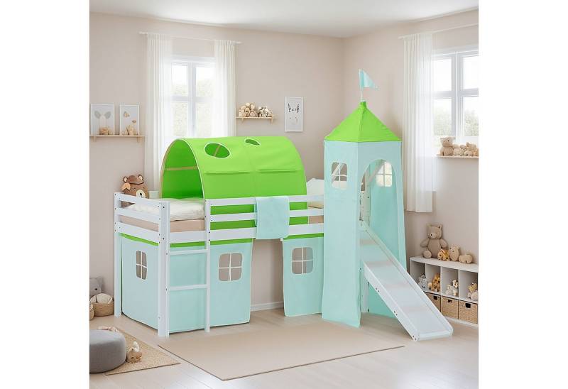 Homestyle4u Hochbett 90x200 Vorhang Stockbett Kinderbett Holz Kiefer Weiß Grün Kinder (mit Rutsche, Tunnel und Turm, Spielbett) mit Rausfallschutz, Jungen von Homestyle4u