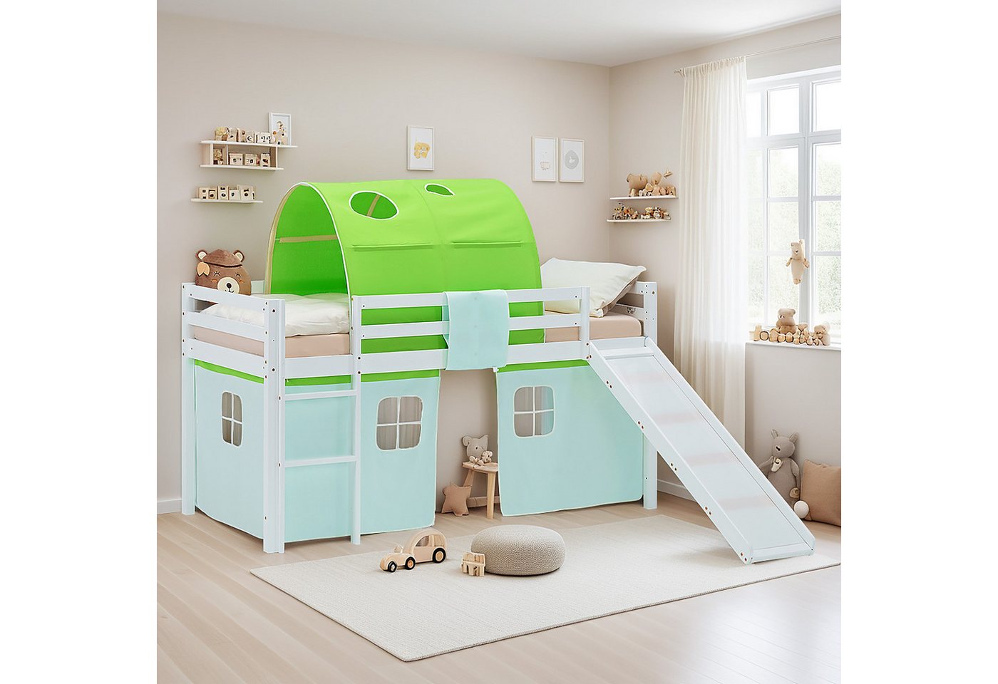 Homestyle4u Hochbett 90x200 Vorhang Stockbett Kinderbett Holz Kiefer Weiß Grün Kinder (mit Rutsche und Tunnel) mit Rausfallschutz, Jungen von Homestyle4u