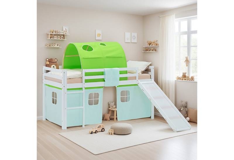 Homestyle4u Hochbett 90x200 Vorhang Stockbett Kinderbett Holz Kiefer Weiß Grün Kinder (mit Rutsche und Tunnel) mit Rausfallschutz, Jungen von Homestyle4u