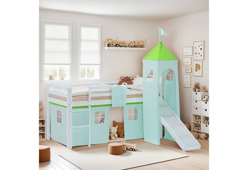 Homestyle4u Hochbett 90x200 Vorhang Stockbett Kinderbett Holz Kiefer Weiß Grün Kinder (mit Rutsche und Turm, Spielbett) mit Rausfallschutz, Jungen von Homestyle4u