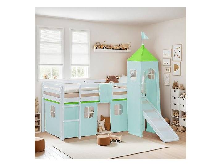 Homestyle4u Hochbett 90x200 Vorhang Stockbett Kinderbett Holz Kiefer Weiß Grün Kinder (mit Rutsche und Turm) mit Rausfallschutz, Jungen, weiß, mit Rutsche von Homestyle4u