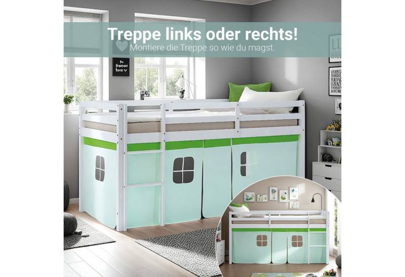 Homestyle4u Hochbett 90x200 Vorhang Stockbett Kinderbett Holz Kiefer Weiß Grün Kinder mit Rausfallschutz von Homestyle4u