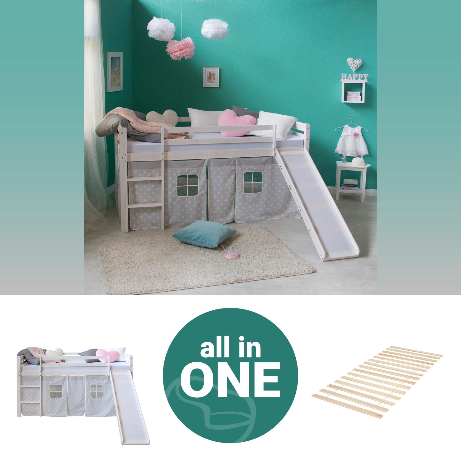 Homestyle4u Hochbett 90x200 Weiß mit Lattenrost und Rutsche 2767 Homestyle4u Hochbett 90x200 Weiß mit Lattenrost und Rutsche 2767 von Homestyle4u