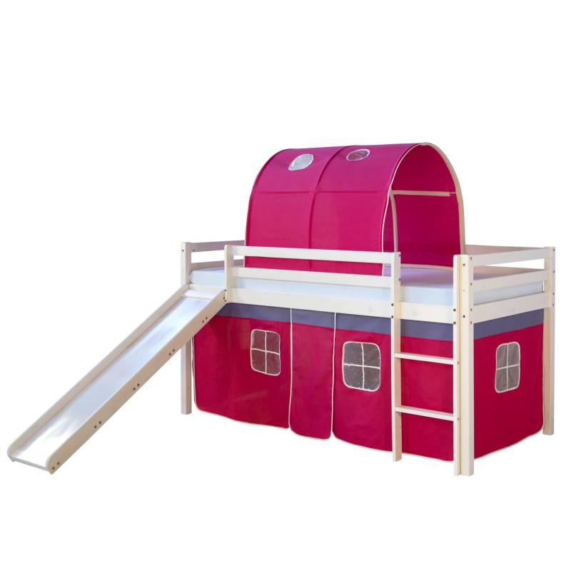 Homestyle4u Hochbett 90x200 Weiß mit Rutsche Vorhang Pink 1569 von Homestyle4u